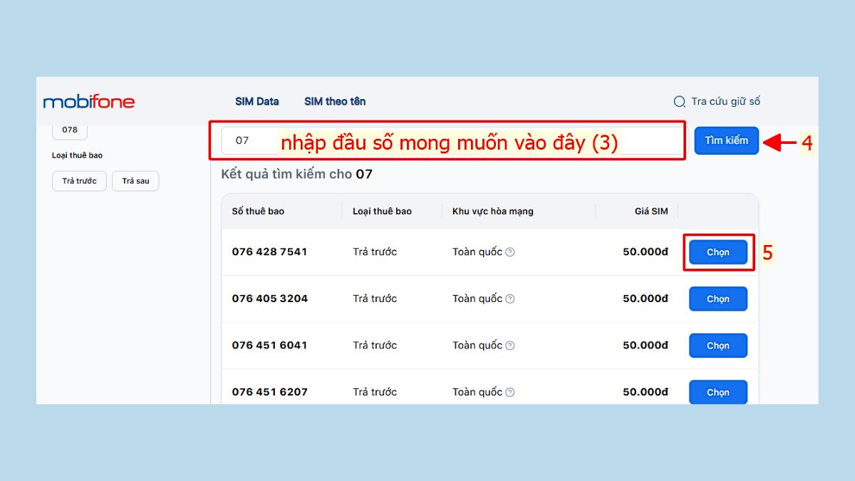 Chọn sim đầu số 07 mong muốn
