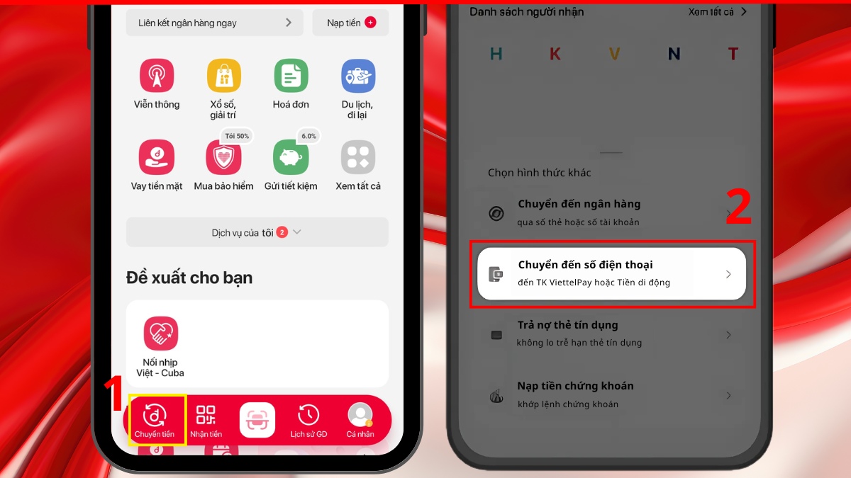 chuyển tiền Viettel Money sang số điện thoại