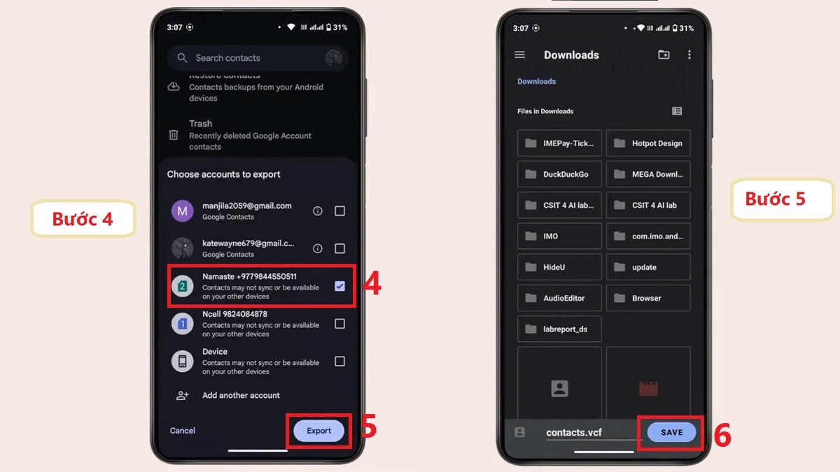 lưu danh bạ vào SIM Realme
