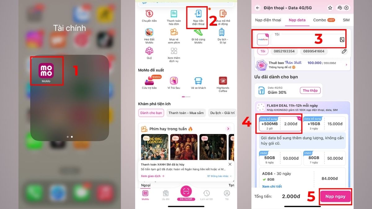cách nạp data 4g mobifone momo