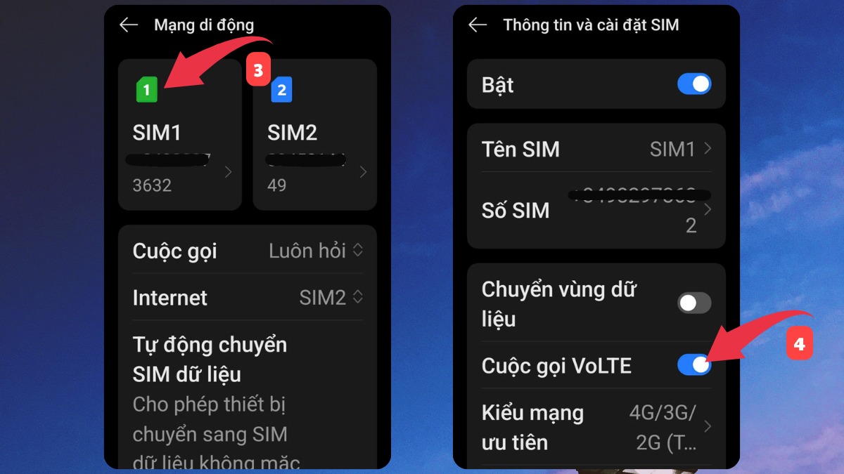 chọn tắt volte trên realme