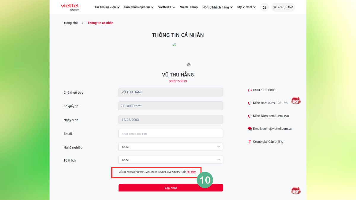 cập nhật thông tin thuê bao viettel online