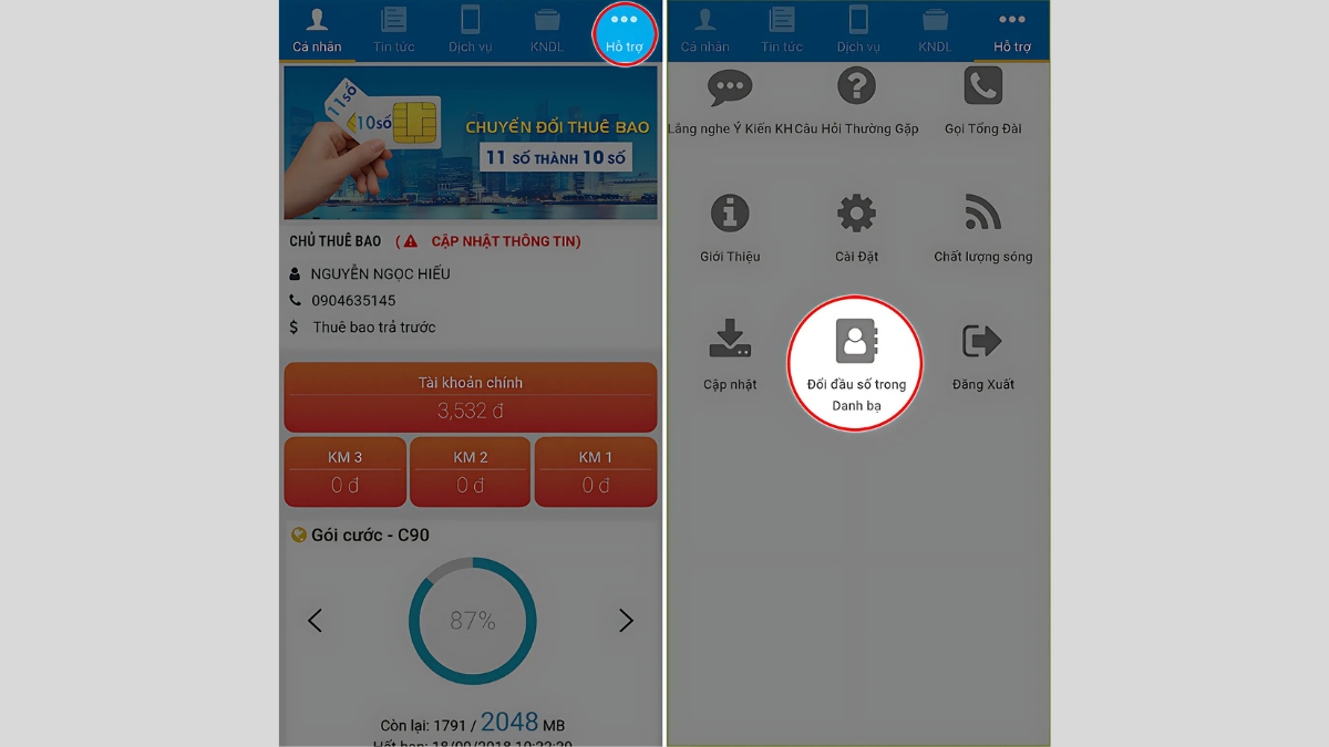 Truy cập chức năng đổi đầu số Mobifone