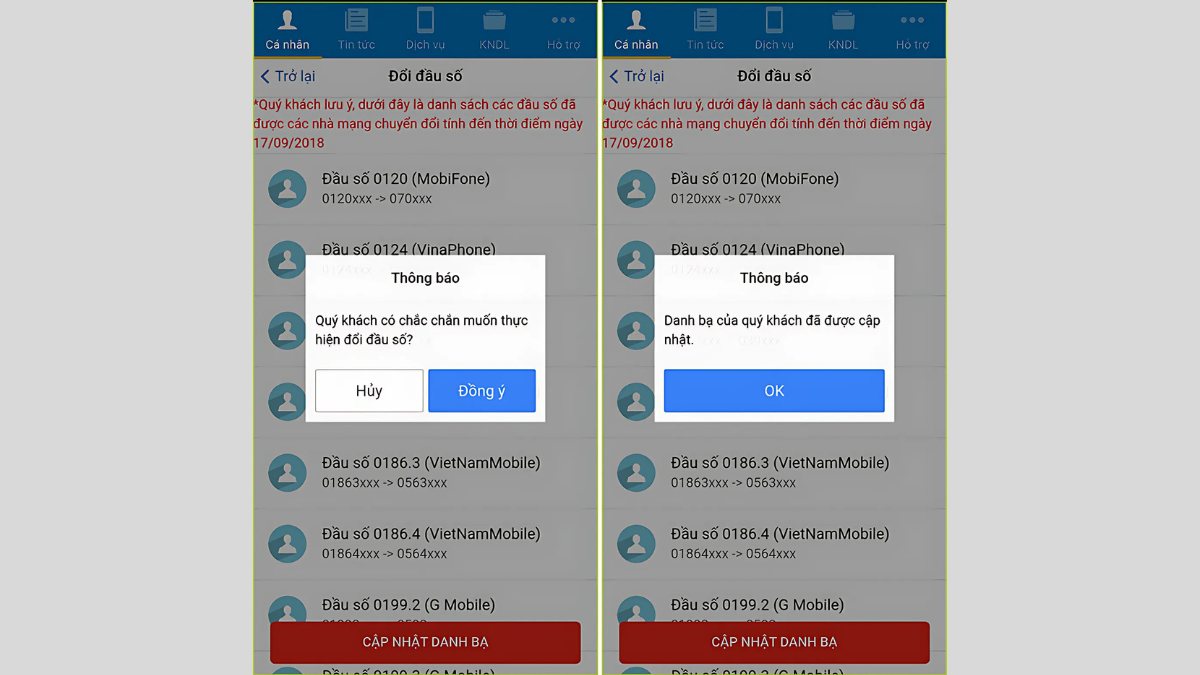 đổi đầu số Mobifone qua danh bạ