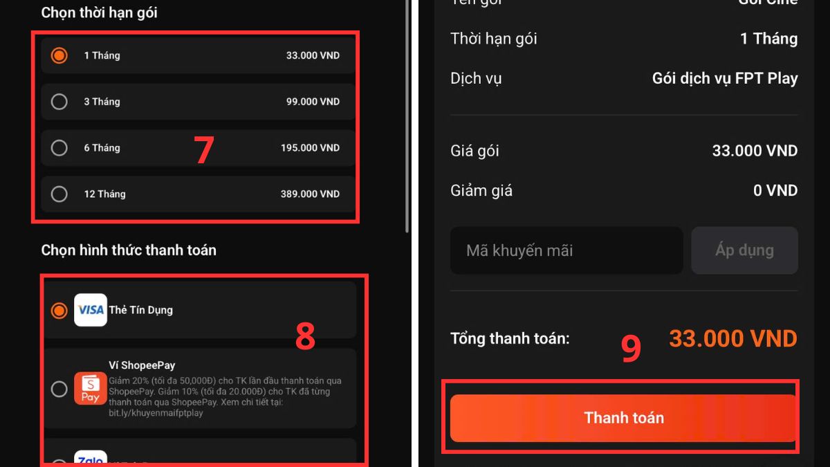 thanh toán gói FPT Play trên điện thoại