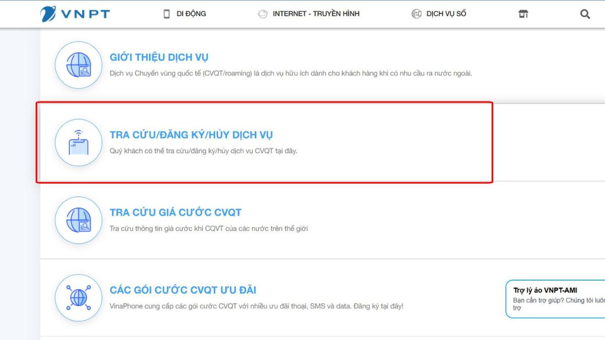Đăng ký qua website gói cước data Roaming Vinaphone