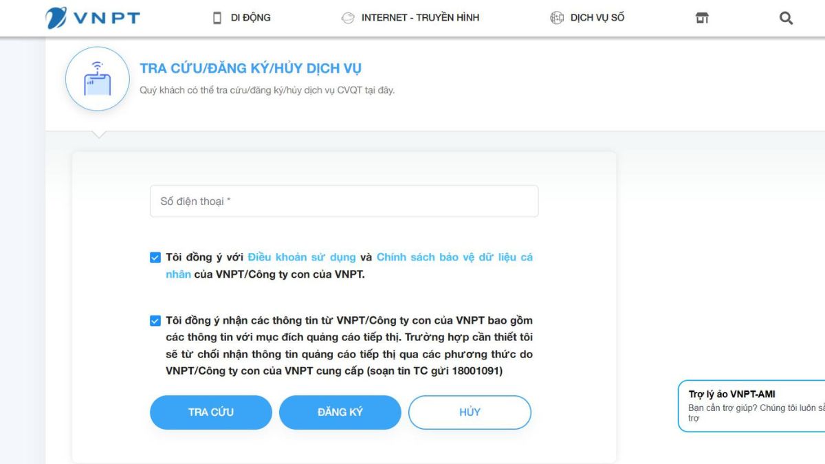 Điền số điện thoại để đăng ký roaming VinaPhone