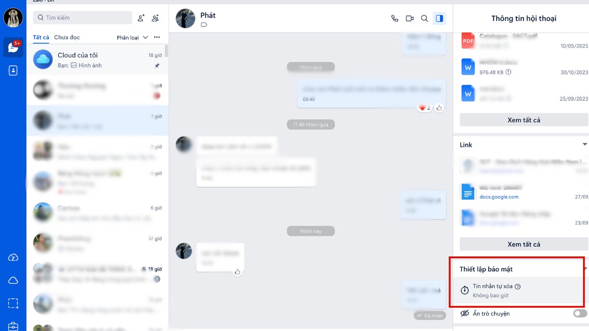 bật tin nhắn tự xoá zalo laptop
