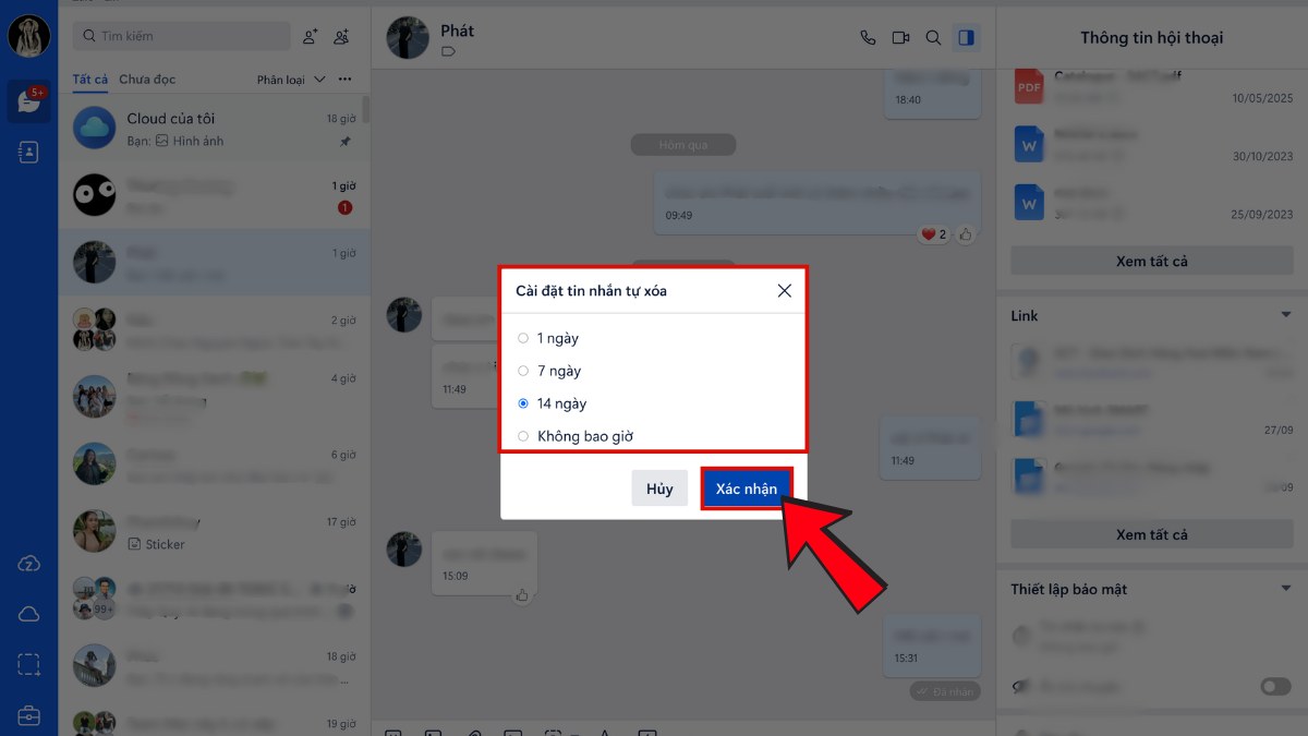 cách thiết lập tin nhắn tự động xoá trên Zalo
