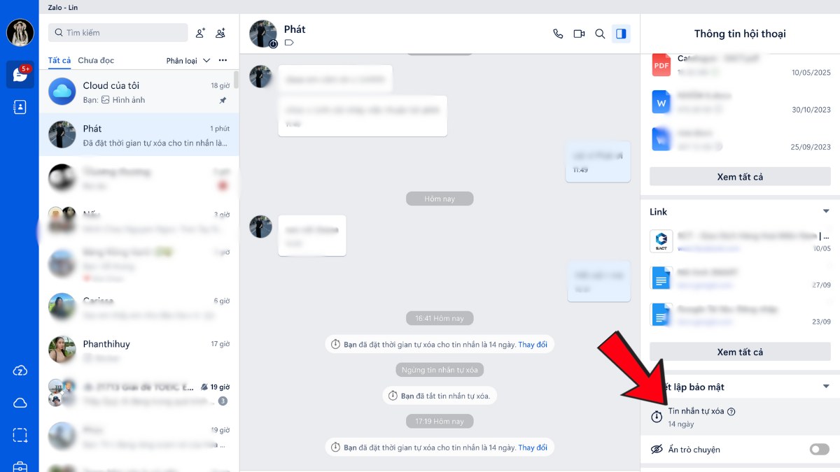 tắt tin nhắn tự xóa trên Zalo