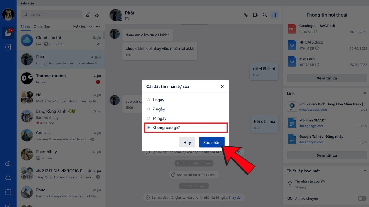 tắt tin nhắn tự xóa trên Zalo PC