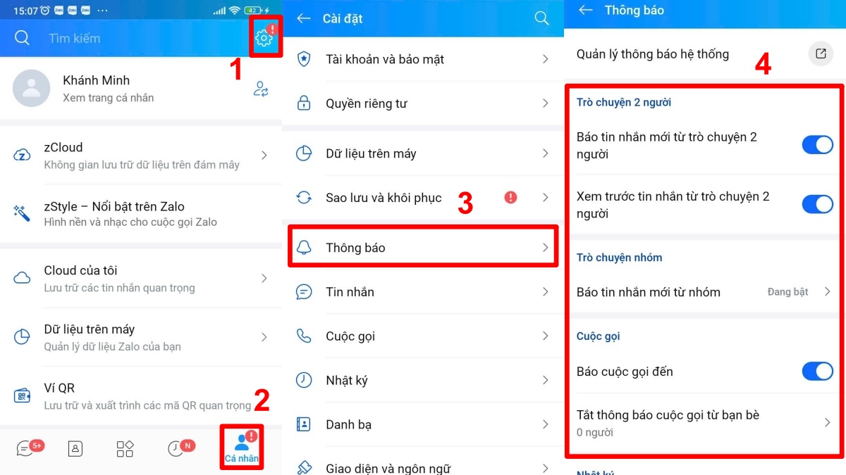 bật thông báo tin nhắn zalo