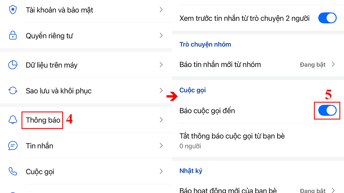 bật báo cuộc gọi đến Zalo