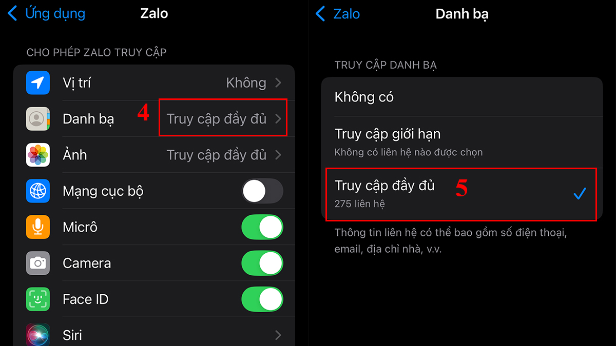 truy cập danh bạ zalo