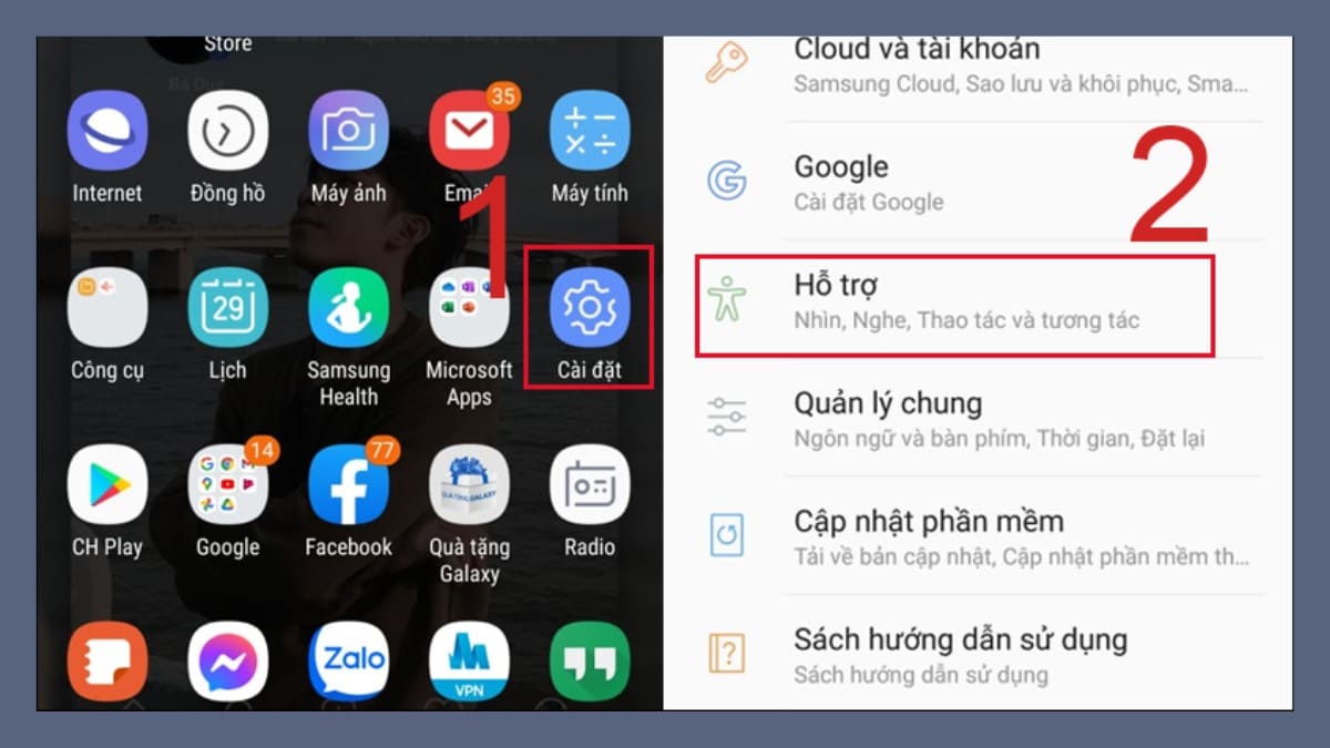 Truy cập cài đặt Hỗ trợ để thiết lập đọc tên người gọi đến samsung