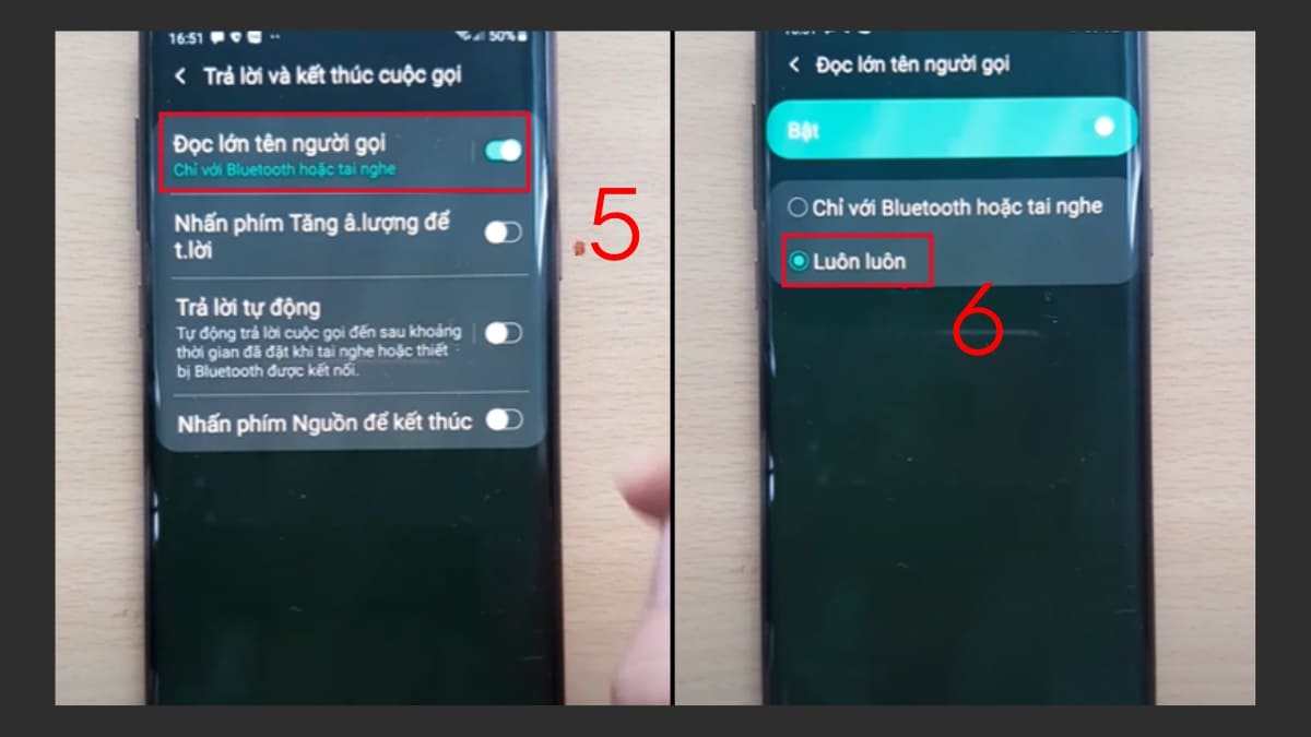 Bật chế độ Luôn luôn để kích hoạt đọc tên người gọi đến samsung thành công