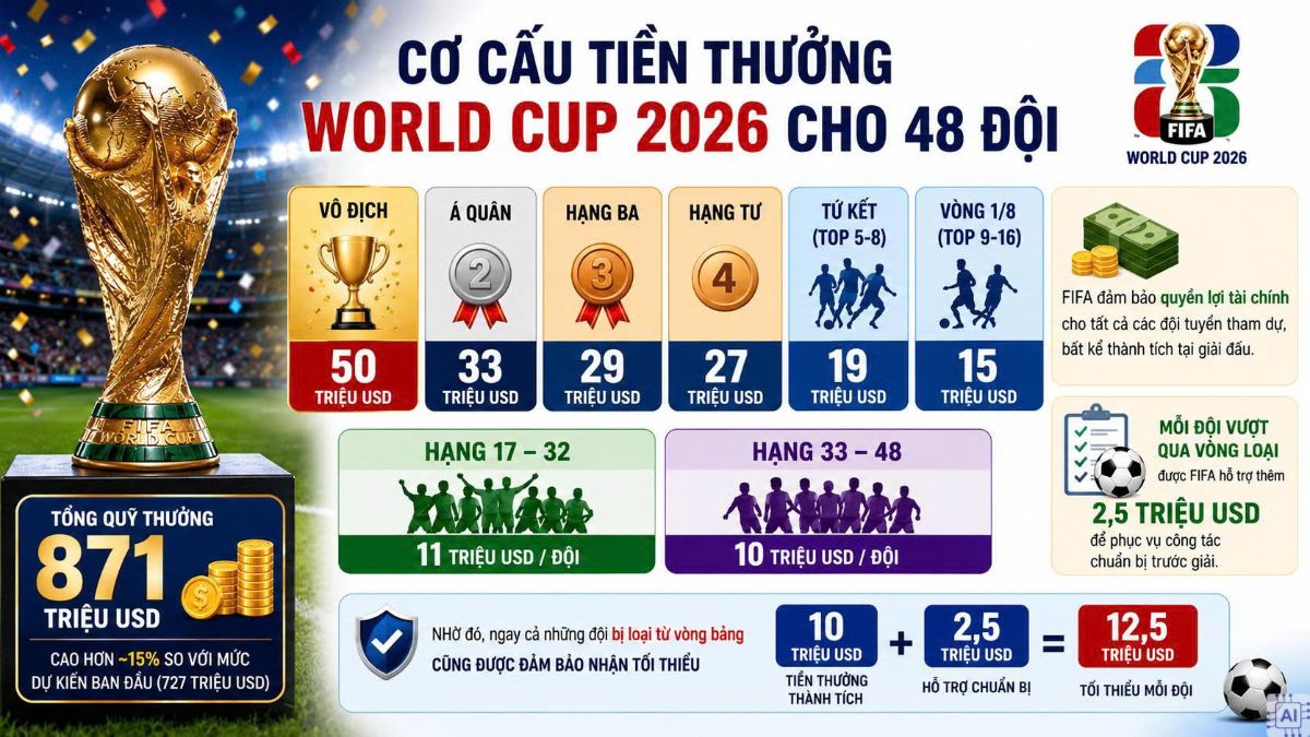 Thông tin chi tiết vô địch World Cup 2026 được bao nhiêu tiền chia theo các thứ hạng.