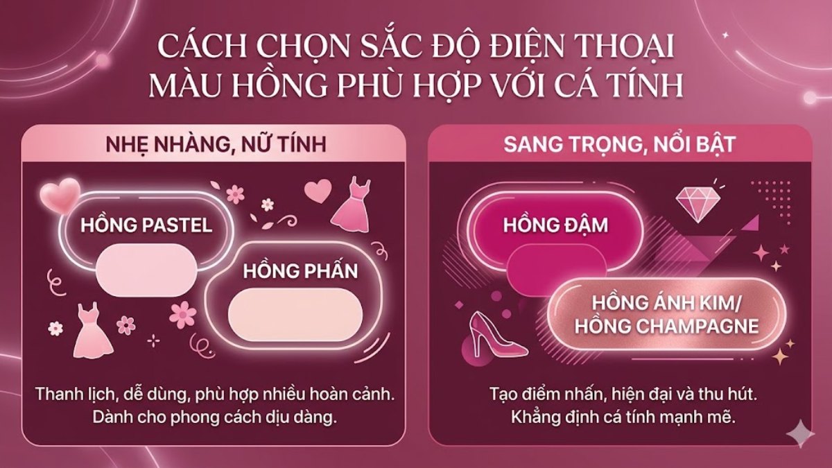 Bảng hướng dẫn chọn sắc độ điện thoại màu hồng pastel hoặc ánh kim phù hợp với cá tính.