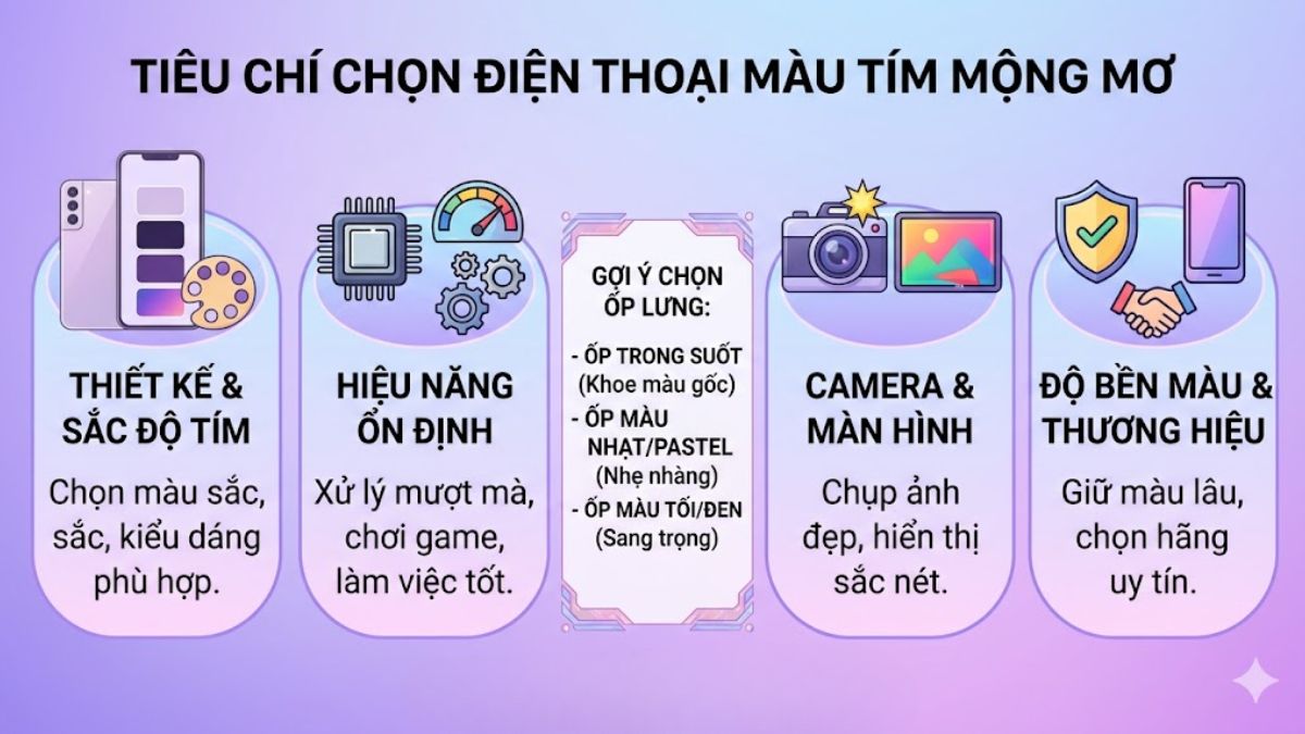 Infographic tiêu chí chọn điện thoại màu tím và gợi ý điện thoại màu tím dùng ốp màu gì.