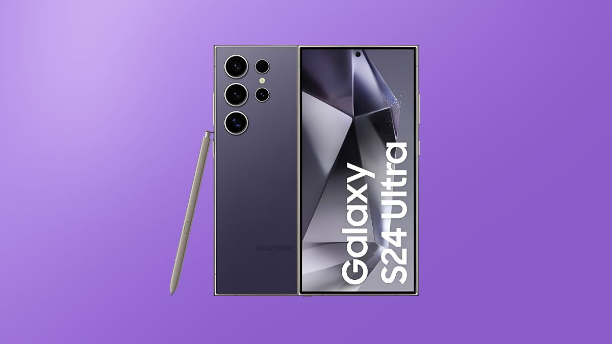 Điện thoại Samsung màu tím Galaxy S24 Ultra đi kèm bút S Pen và camera siêu phân giải.