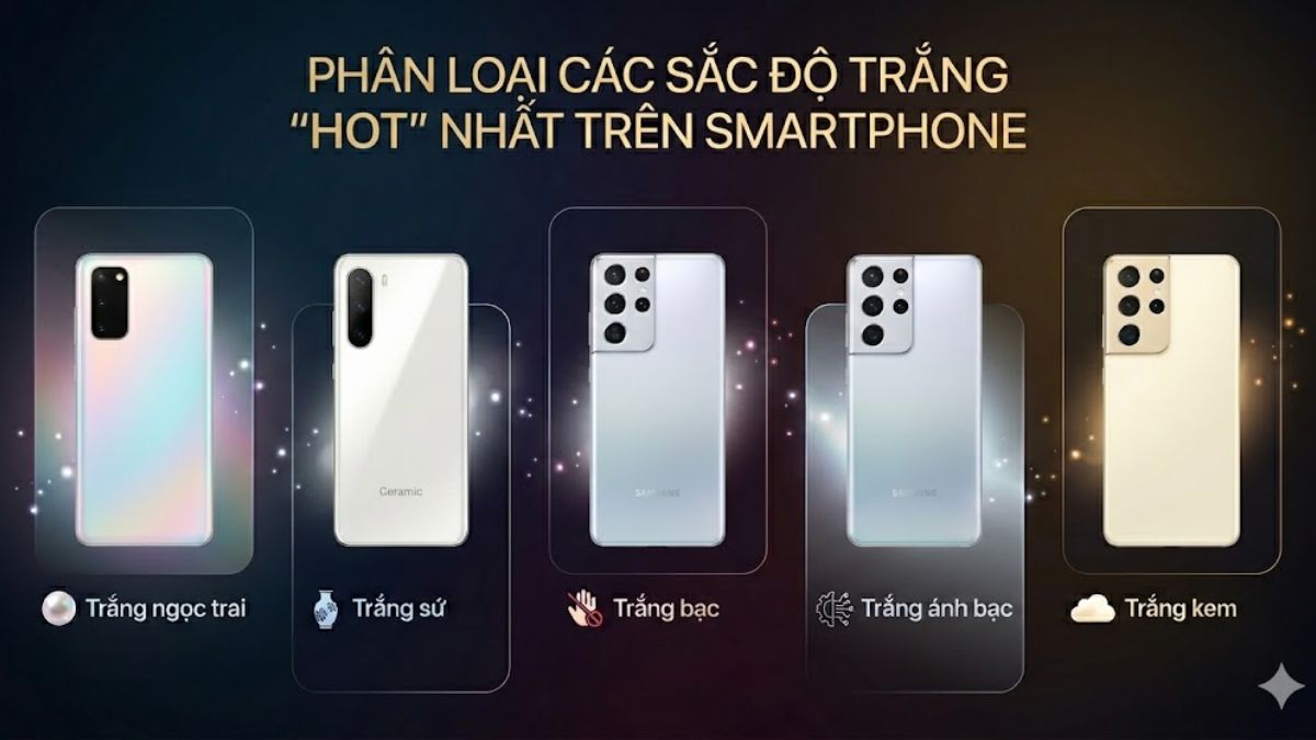 Phân loại các sắc độ điện thoại màu trắng phổ biến như trắng sứ và trắng ngọc trai.
