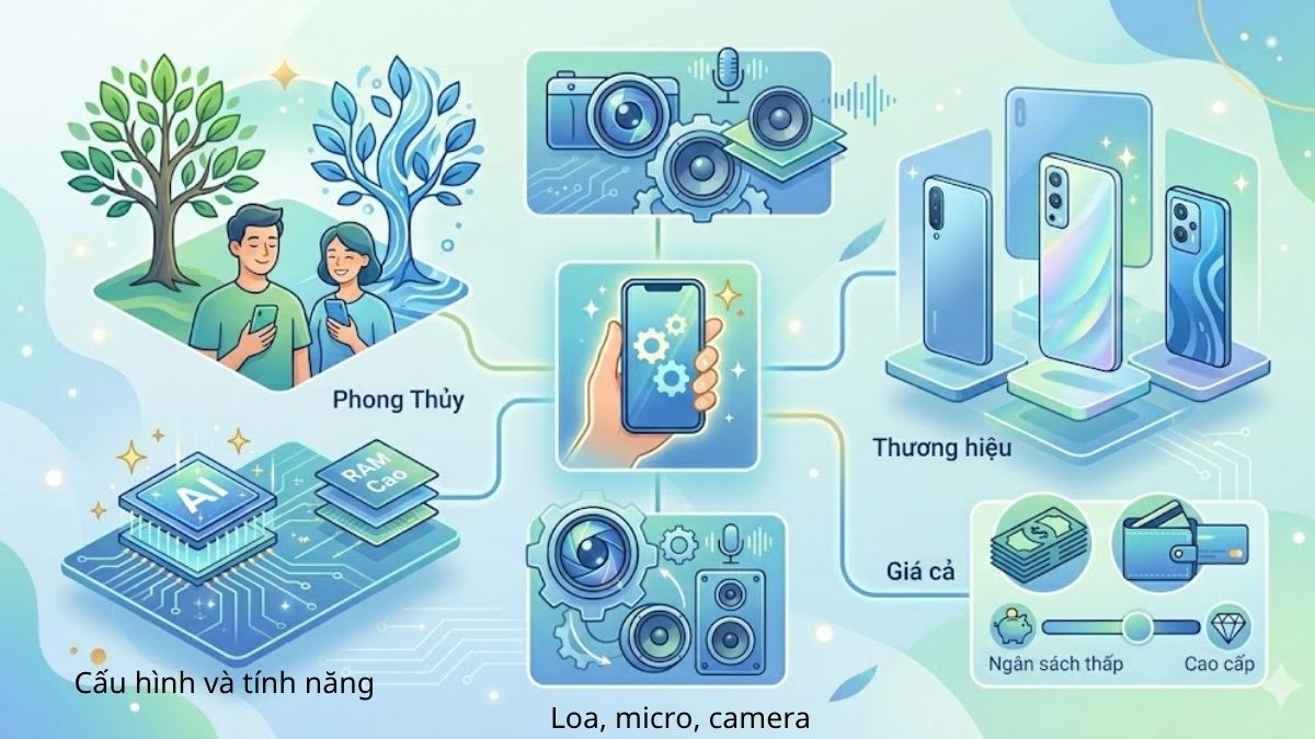 Sơ đồ các tiêu chí lựa chọn điện thoại màu xanh về phong thủy, cấu hình và giá cả.