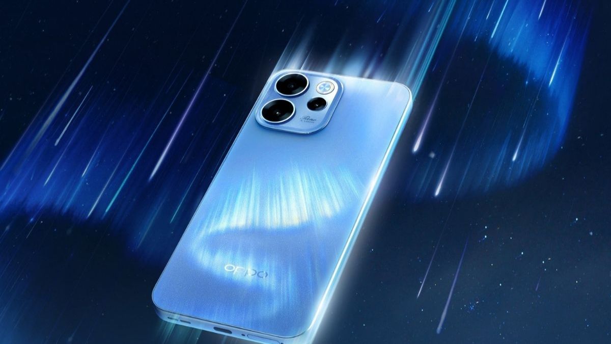 Điện thoại màu xanh dương OPPO Reno15 5G hiệu ứng cực quang lấp lánh và thiết kế mỏng nhẹ.