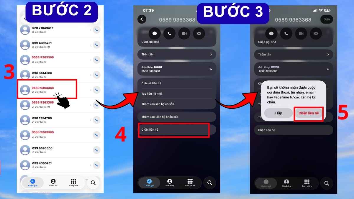 Các bước chọn số máy và xác nhận chặn liên hệ đầu số 0589 là mạng gì