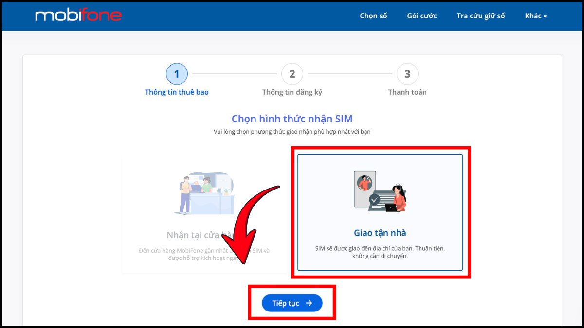 Giao diện chọn hình thức giao nhận để mua SIM 0765 là mạng nào