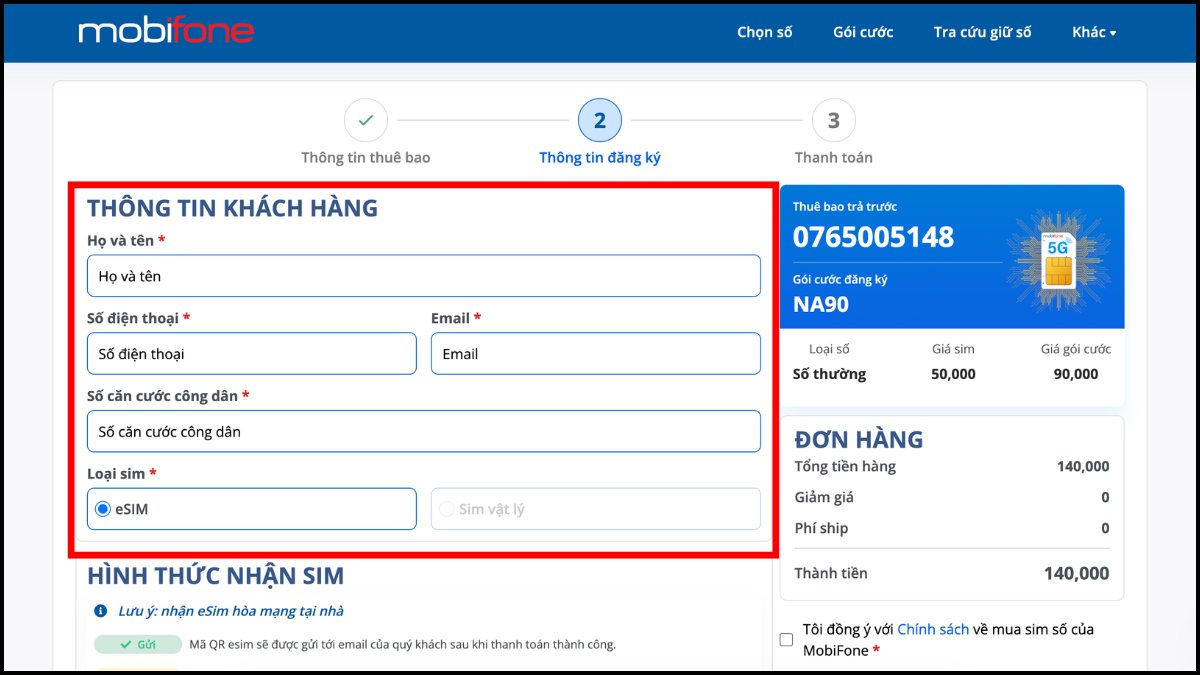 Biểu mẫu điền thông tin khách hàng chính chủ mua SIM 0765 là mạng nào