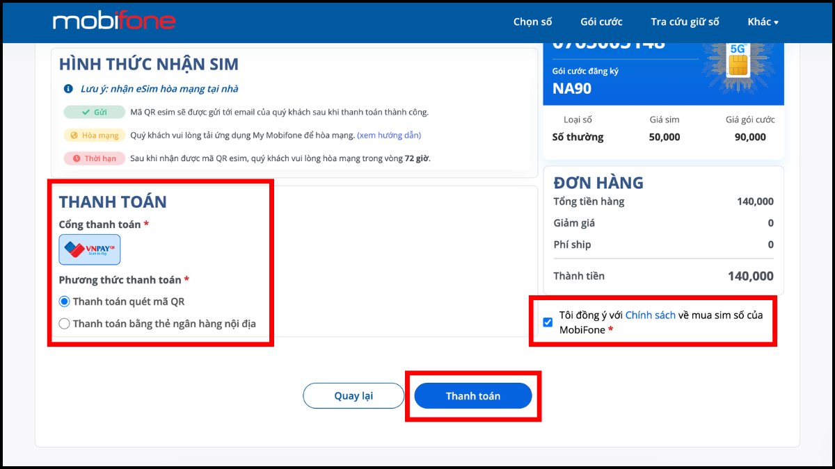 Giao diện lựa chọn cổng thanh toán hoàn tất mua SIM 0765 là nhà mạng nào