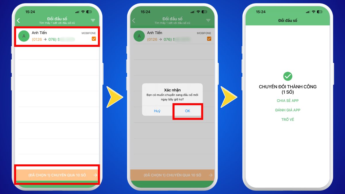 Màn hình xác nhận hoàn tất cập nhật danh bạ thuê bao 0765 là mạng nào