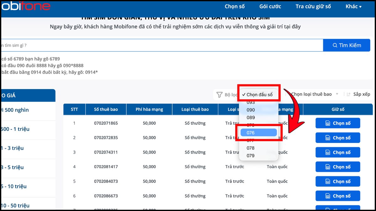 Thao tác mở bộ lọc tìm kiếm trên web để tra cứu 0765 là nhà mạng nào