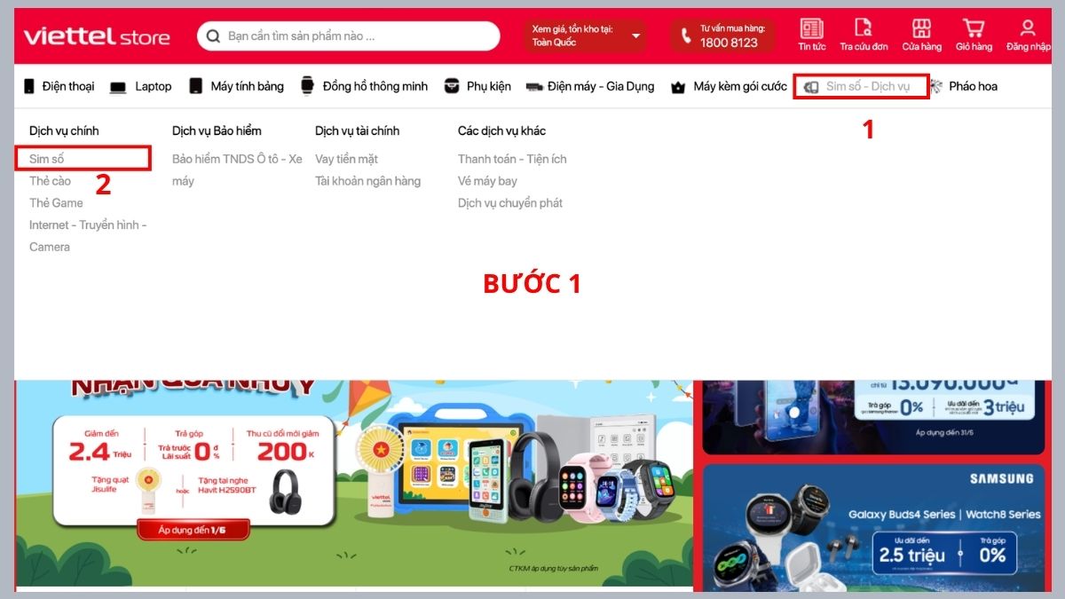 Giao diện website Viettel Store hướng dẫn bước một tìm mua SIM 0978 là mạng nào