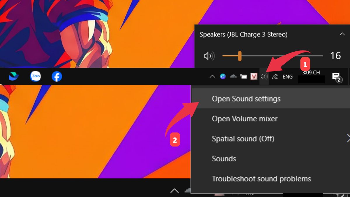 Click chuột phải vào biểu tượng loa để xử lý lỗi 2 loa nghe không đều trên PC.
