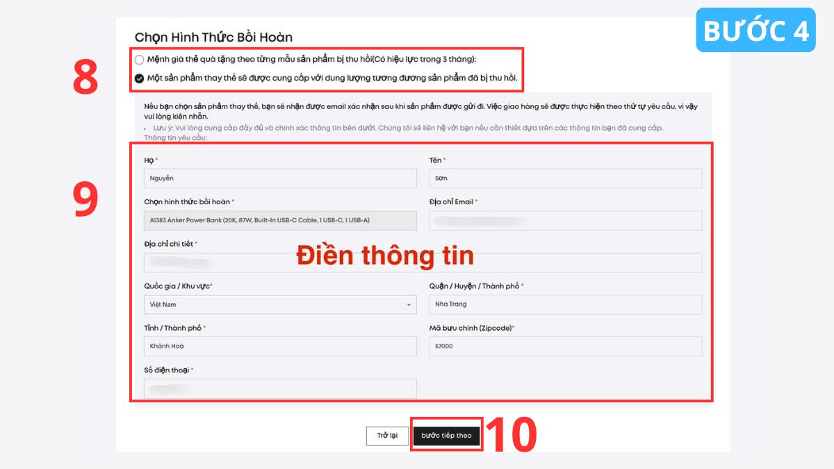 Lựa chọn hình thức bồi hoàn sau khi thực hiện anker thu hồi pin dự phòng.