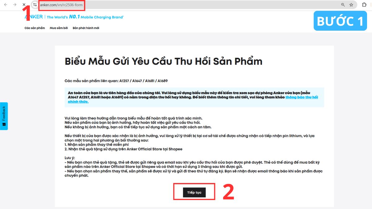 Giao diện form đăng ký trực tuyến khi thực hiện thu hồi sạc dự phòng anker.