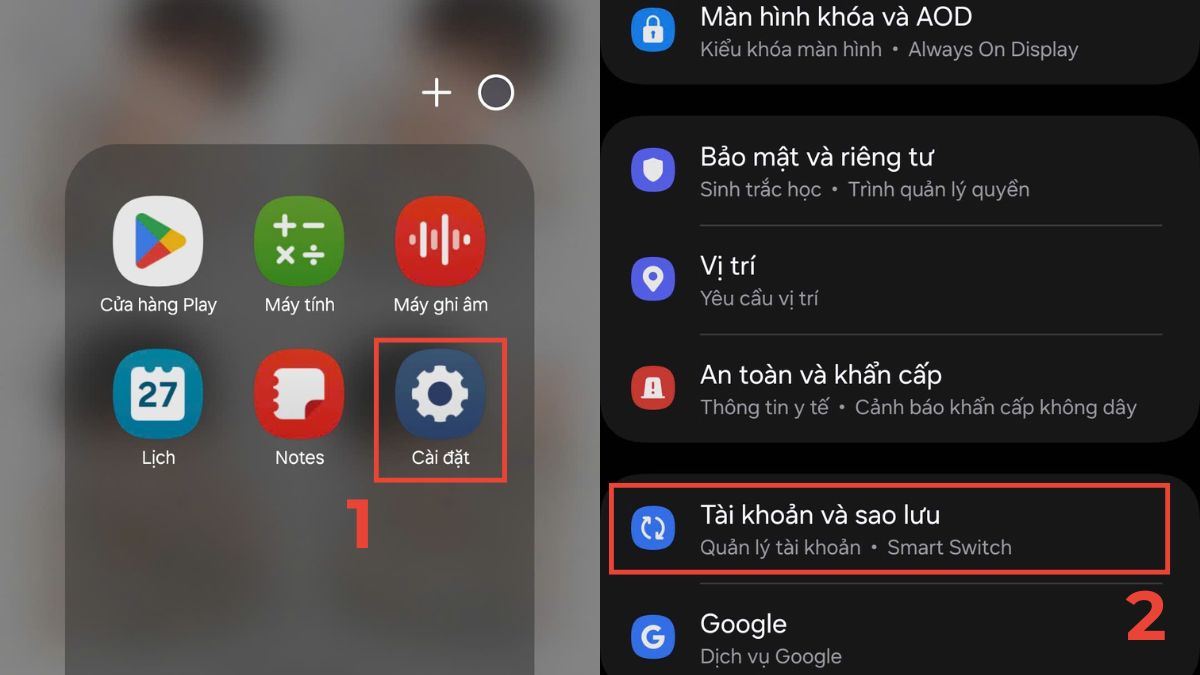 Hướng dẫn bước 1 cách đăng xuất tài khoản ch play qua cài đặt hệ thống: vào Cài đặt và chọn Tài khoản và sao lưu
