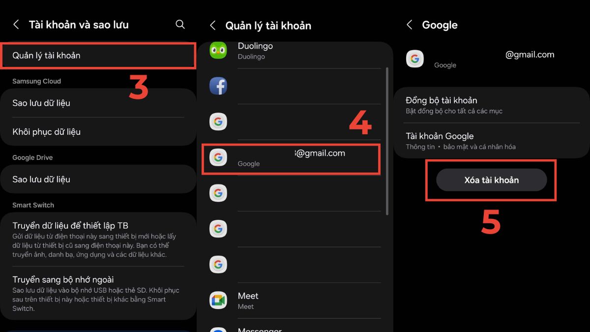Bước 3 hướng dẫn cách đăng xuất tài khoản ch play bằng cách chọn tài khoản Google để xóa