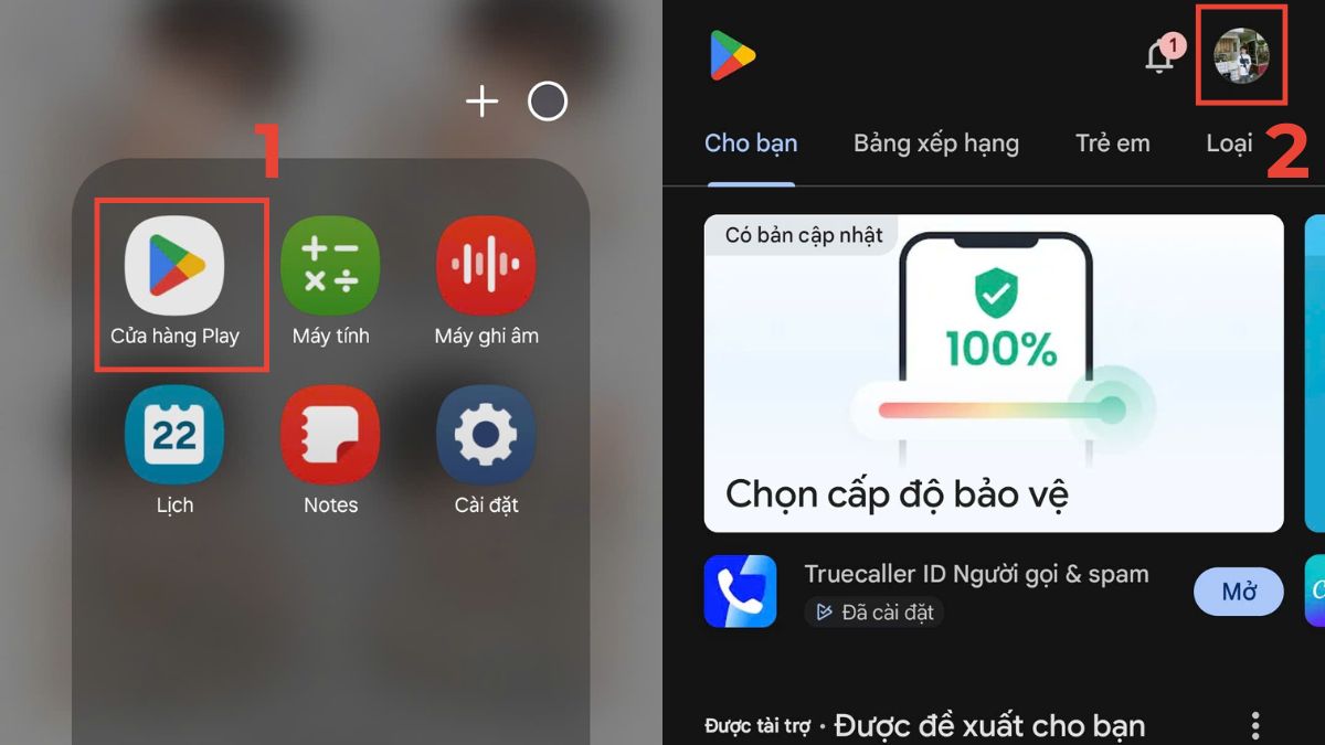 Bước 1 cách đăng xuất tài khoản ch play qua ứng dụng: mở CH Play và nhấn vào ảnh hồ sơ