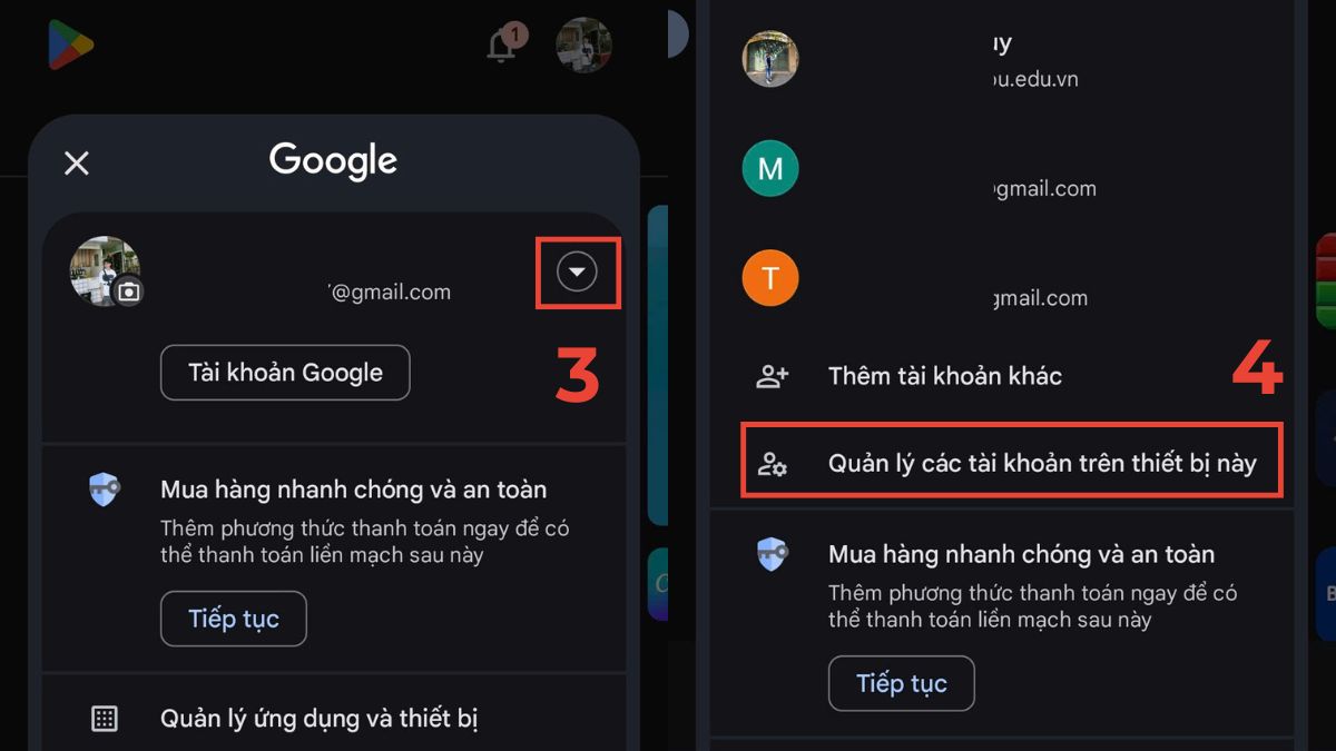 Bước 2 cách đăng xuất tài khoản ch play trên android: chọn Quản lý các tài khoản trên thiết bị này