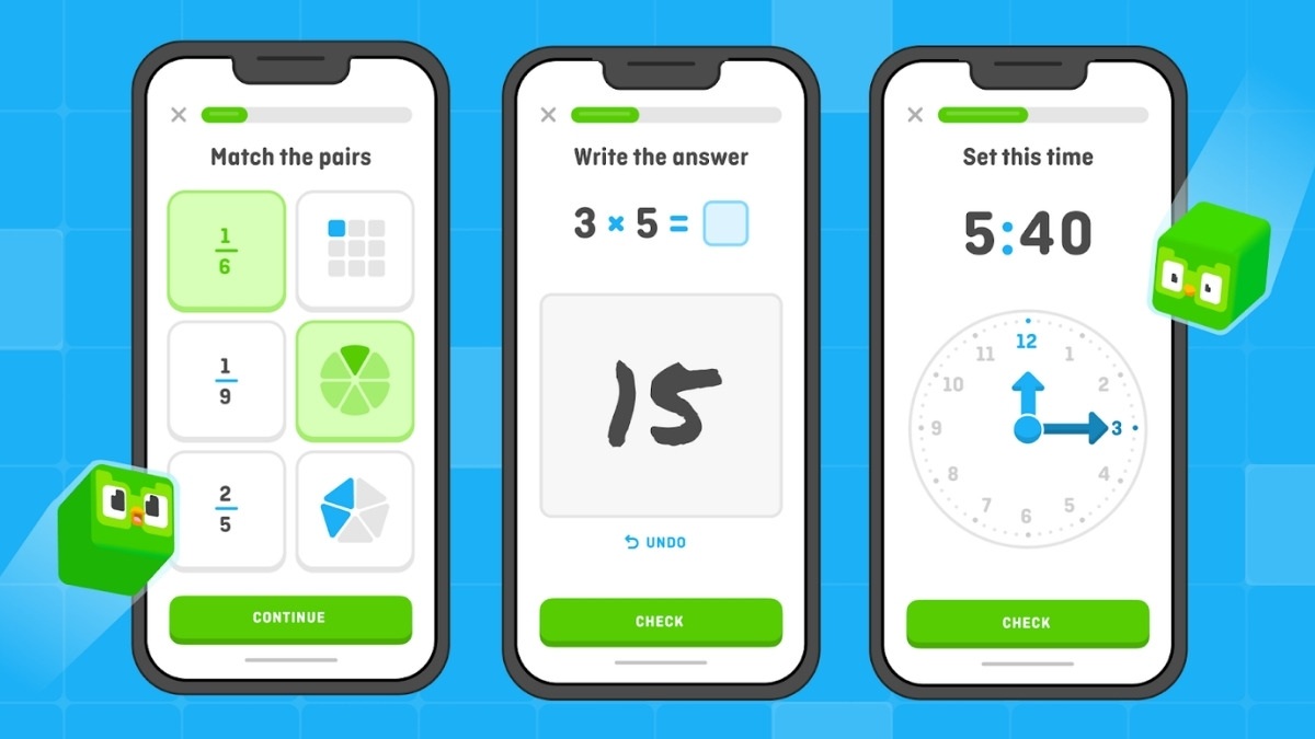 Giao diện bài tập tương tác sinh động của Cách học Toán trên Duolingo Math.