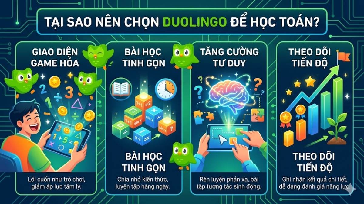 Các ưu điểm nổi bật giúp tăng cường tư duy từ Cách học Toán trên Duolingo Math.