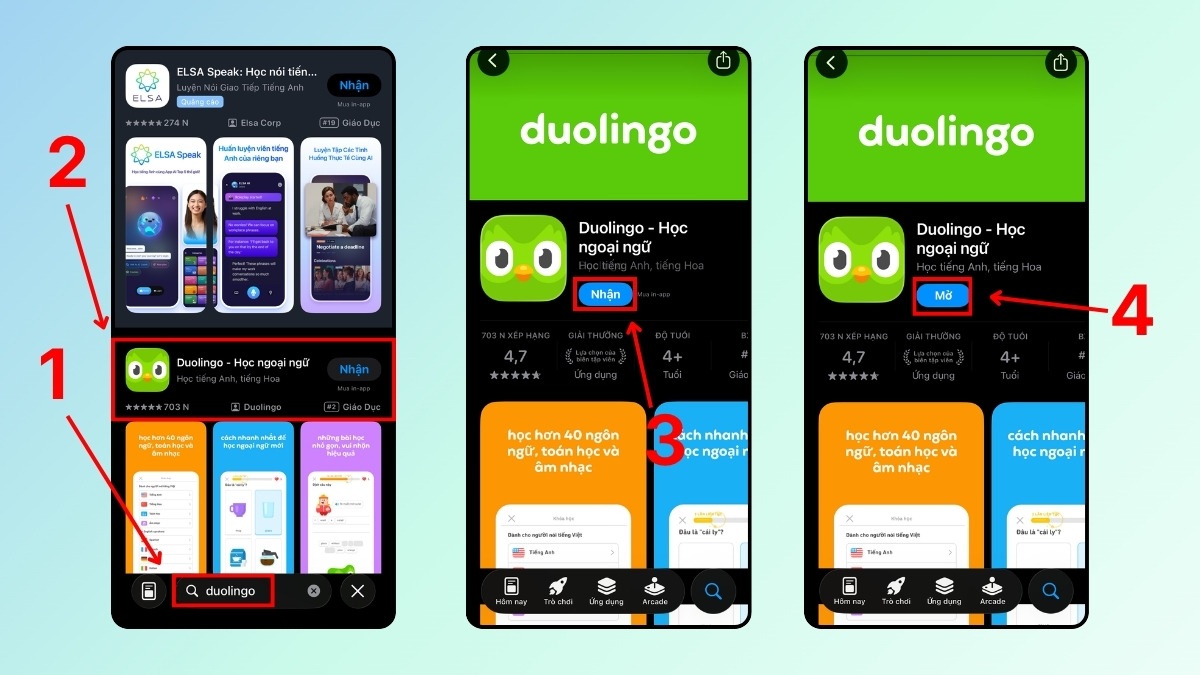 Các bước tải ứng dụng trên cửa hàng để bắt đầu Cách học Toán trên Duolingo Math.