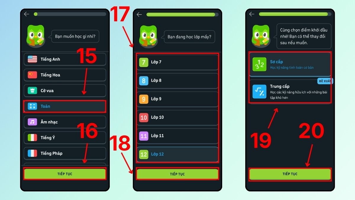 Lựa chọn môn học và cấp độ trình độ trong Cách học Toán trên Duolingo Math.