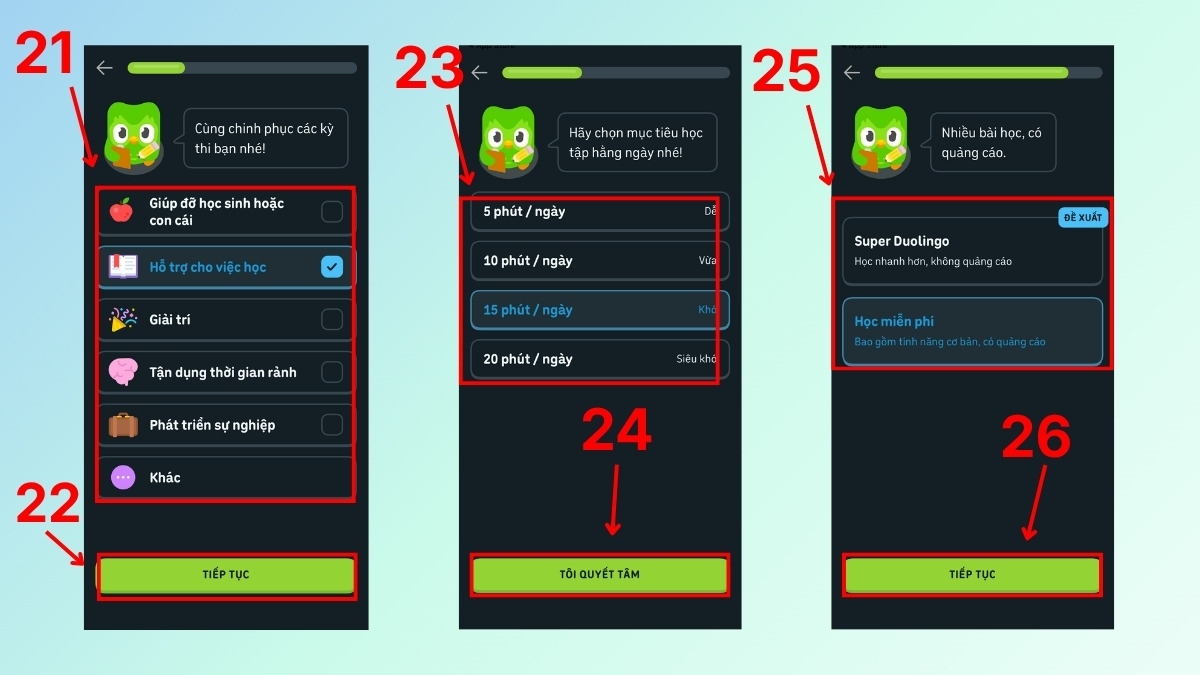 Thiết lập mục tiêu thời gian rèn luyện hàng ngày cho Cách học Toán trên Duolingo Math.