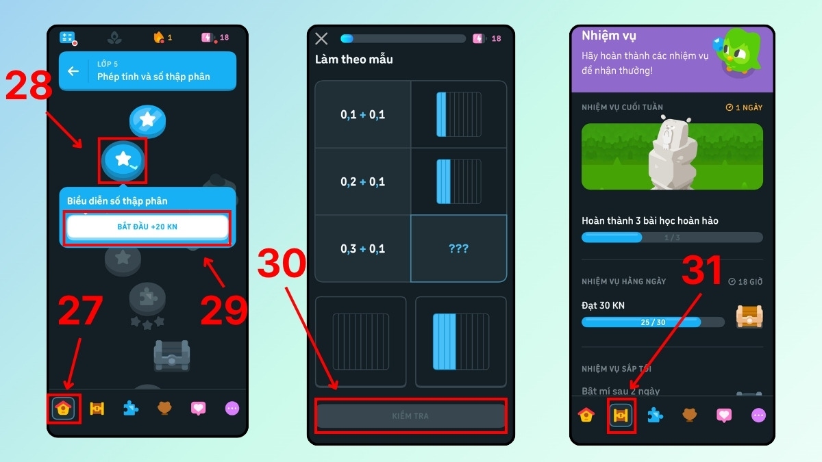Thao tác giải bài tập và thực hiện nhiệm vụ trong Cách học Toán trên Duolingo Math.