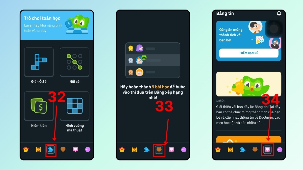 Tính năng trò chơi và cộng đồng giúp tối ưu Cách học Toán trên Duolingo Math.