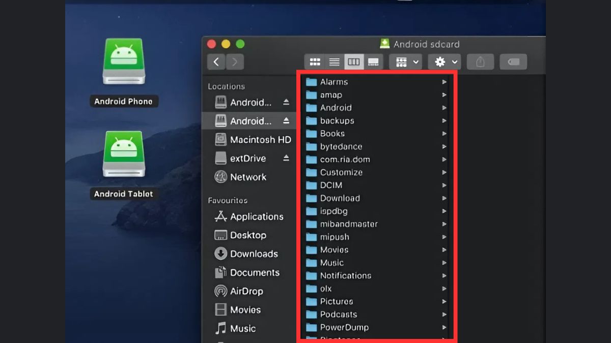 Giao diện quản lý file trên MacDroid sau khi đã kết nối điện thoại Android với MacBook.