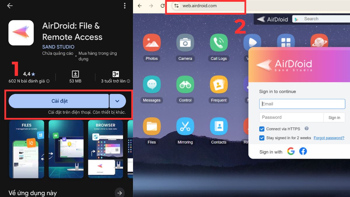 Tải AirDroid để kết nối điện thoại Android với MacBook và truy cập web để bắt đầu.